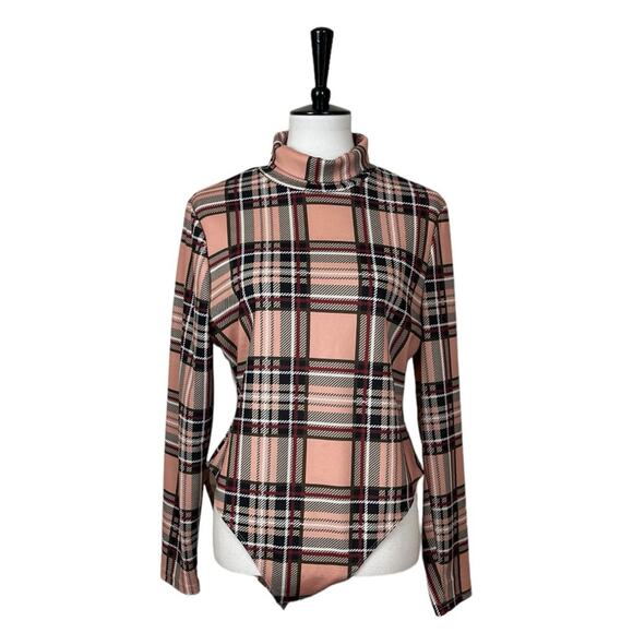 Shein Bodysuit Turtleneck Long Sleeve Pink Multi Plaid Women’s Plus Size 3XL - Picture 1 of 6